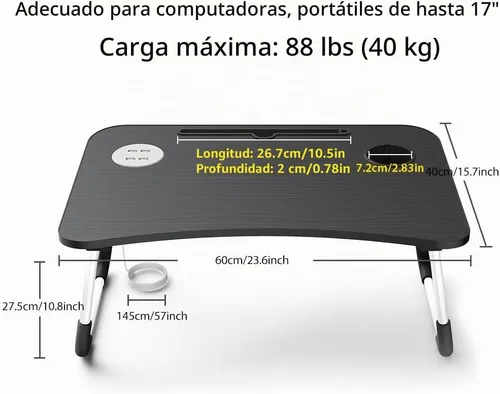 Vista 3 de Elekin - Mesa de cama plegable para computadora portátil, con cajón de almacenamiento/soporte para tazas, escritorio plegable multifunción