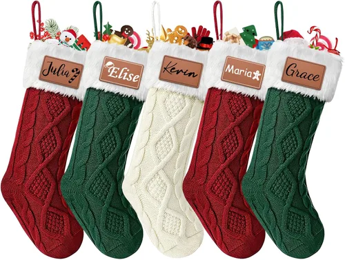 Vista 7 de Dreamdecor - Medias de Navidad personalizadas con nombre y monogramas, medias familiares de 18 pulgadas con placa de cuero para niños, 1 paquete