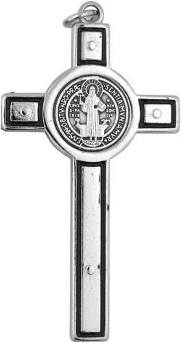 Vista 3 de VILLAGE GIFT IMPORTERS Colgante de cruz pectoral de San Benito de 3 pulgadas Plata u oro con forro negro Viene con tarjeta informativa Joyería