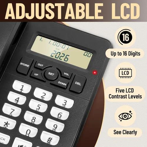 Vista 2 de Uvital Teléfono con cable de escritorio, teléfono fijo negro, teléfono fijo de oficina con identificación de llamadas, pantalla LCD, volumen