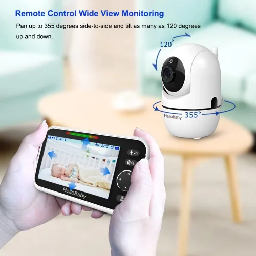 Vista 4 de HelloBaby - Monitor de bebé de 5 pulgadas con batería de 26 horas, 2 cámaras con zoom, inclinación y panorámica, monitor de video y audio con rango
