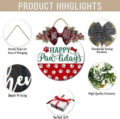 Vista 7 de Decoración de puerta de Navidad con texto en inglés «Happy Pawlidays» para puerta delantera, corona de Navidad, letrero colgante de madera rústica M1
