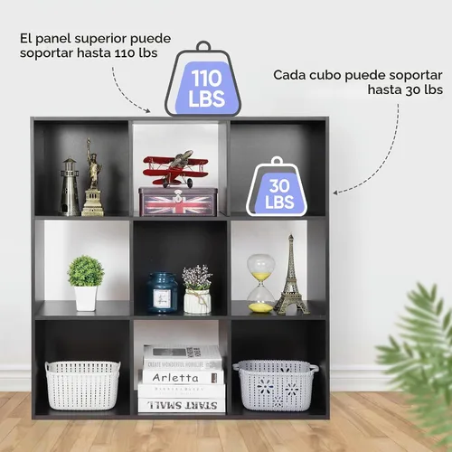 Vista 5 de JupiterForce Organizador de almacenamiento de 9 cubos, estante de exhibición de madera con 5 paneles traseros removibles, estantería de libros