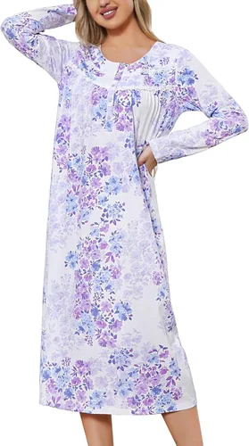 Vista 4 de JRYNOEU Camisones largos de algodón para mujer, vestidos de noche de manga larga, ropa de dormir de longitud completa, camisón suave para descansar