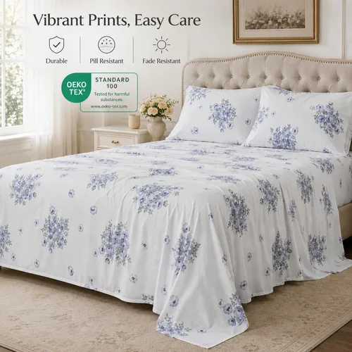 Vista 5 de HYPREST 100% Cotton Percale Sheets Queen, Blue Rose Floral Deep Pocket 16
