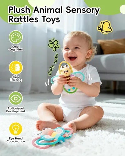 Vista 2 de Jollybaby Sonajeros suaves para bebés y juguete de anillos de peluche para recién nacidos de 0-3-6-12 meses, juguetes sensoriales y de desarrollo