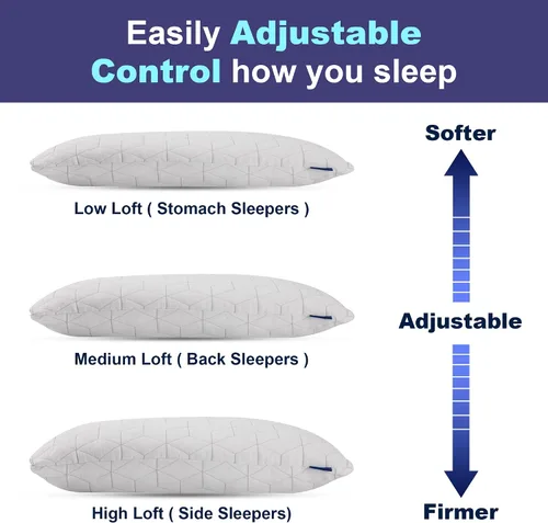 Vista 4 de Almohada de espuma viscoelástica triturada, almohadas ajustables para dormir de lado y boca abajo, almohadas de cuello de cama extra cómodas de lujo