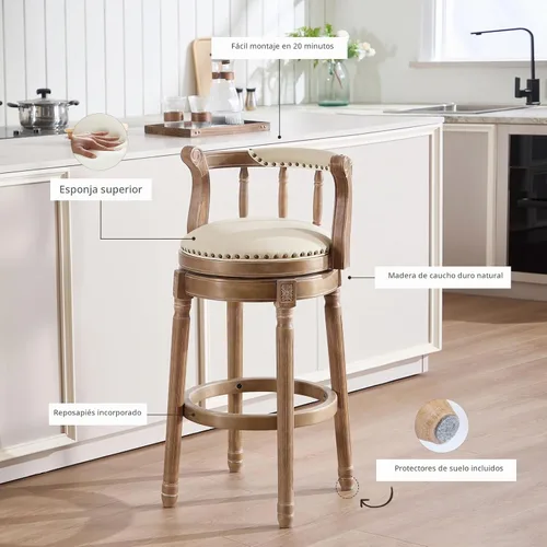 Vista 5 de RAINMOOD Taburetes de bar giratorios de cuero genuino beige mostrador de barra de madera con reposapiés para cocina, comedor, sala de estar