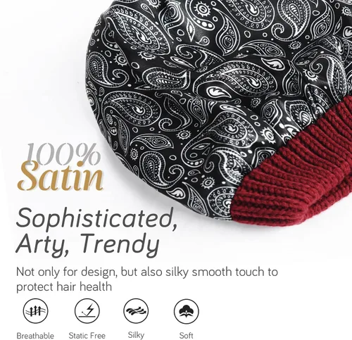 Vista 2 de FURTALK Gorro de invierno para mujer, con forro de satén, tejido trenzado, grueso, holgado, gorro cálido