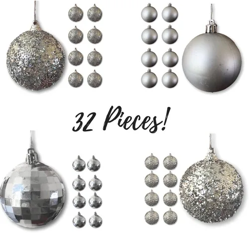 Vista 9 de Adornos de bola de Navidad – 32 adornos plateados – Decoración navideña inastillable – Bolas colgantes – Cuatro acabados – Brillante, Brillante