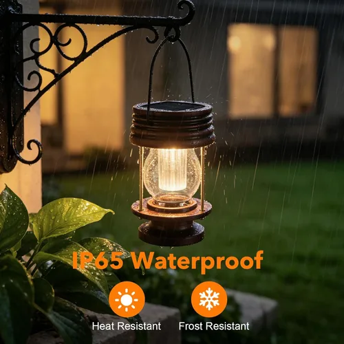 Vista 5 de Faroles solares colgantes para exteriores, decoración de patio, doble carga solar y USB, sensor de luz ajustable, lámpara de mesa decorativa retro