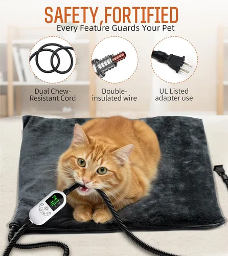 Vista 3 de Almohadilla térmica para mascotas para gatos y perros, cama eléctrica para gatos con temperatura ajustable (12 niveles) y temporizador