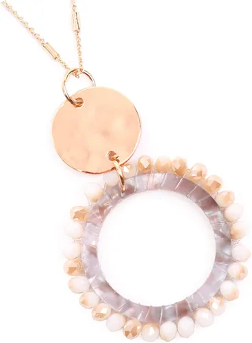 Vista 3 de RIAH FASHION Collar largo con colgante redondo de cuentas bohemias, cristal brillante, colgante circular de disco solar trenzado de madera