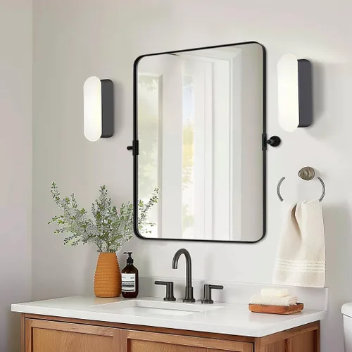Vista 13 de Espejo giratorio Moon Mirror de oro cepillado, espejo inclinable de latón para tocador rectangular para baño, medidas totales 24.33 x 28 pulgadas