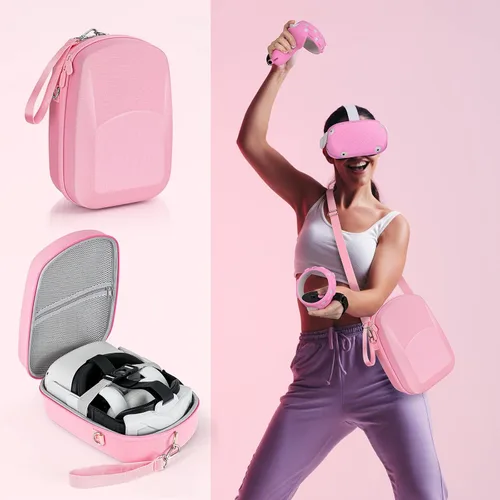 Vista 7 de Hard Carrying Case for Oculus Quest 2 Accessories Pink Silicone Cover Set VR Shell Touch Controller Cover Front Face Protector Cover Crossbody