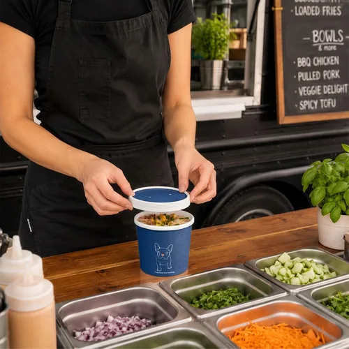 Vista 5 de Restaurantware Bio Tek - Tapas para sopa de papel azul, 200 desechables, 12 onzas, redondas, estilo moderno, herméticas, se venden por separado Azul