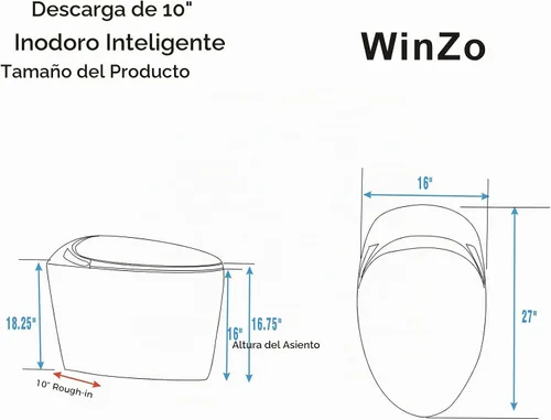 Vista 7 de WinZo Inodoro Bidé con Instalación de 10", Inodoro Inteligente con Bidé, Forma Ovalada Moderna, Apertura/Descarga Automática, Asiento Calefaccionado