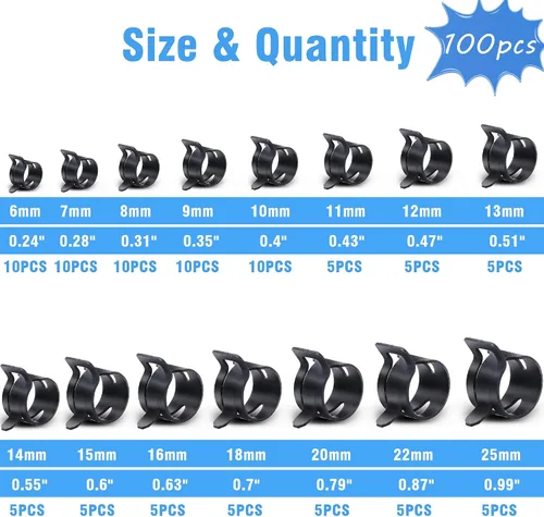 Vista 2 de 100 Piezas Abrazaderas de Manguera de Banda de Resorte de 0.24 a 0.98 pulgadas con Kit Surtido de Alicate de Abrazadera de Manguera Plana Giratoria