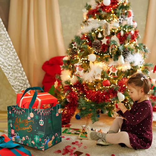 Vista 4 de YANGTE Paquete de 16 bolsas de Navidad con asas, bolsas de regalo no tejidas, 12.8" 9.8" 6.7