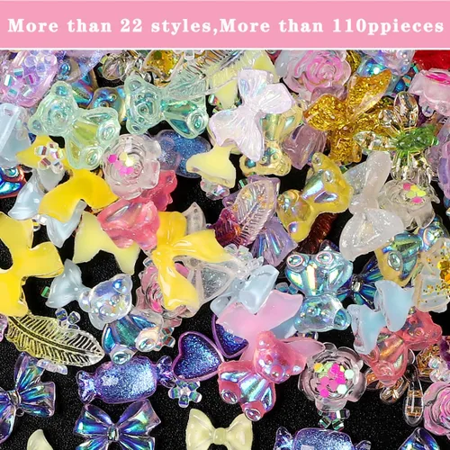 Vista 2 de COOSLIM 110 dijes de uñas 3D para uñas acrílicas, flor de camelia, rosa, mariposa, lazo, corazón, oso, conejo, estrella, para diseños de uñas