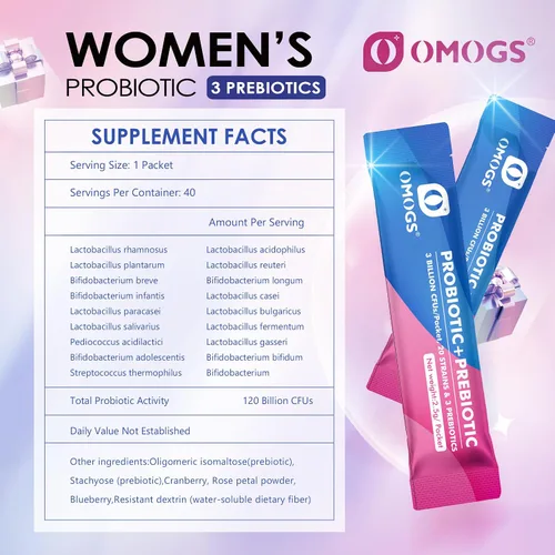 Vista 2 de OMOGS Probiótico para mujeres, 120 mil millones de UFC, 18 cepas, con 3 prebióticos y extracto de arándano, ayuda para el refuerzo inmunológico