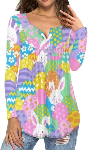 Vista 5 de WHOSGNIHT Blusa casual de manga larga para mujer, cuello en V, con botones, ropa de dormir