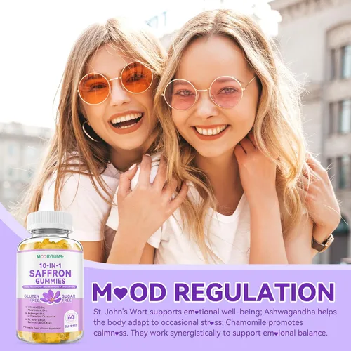 Vista 5 de Gomitas de Azafrán para Adultos y Niños, Suplemento Regulador de Cortisol 10-EN-1 con Azafrán 88.5mg, Vitamina D3, B6, Magnesio, Zinc, Ashwagandha