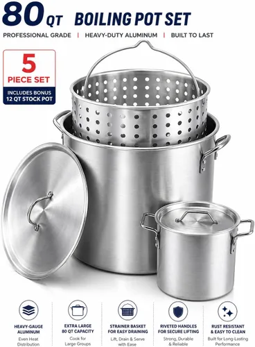 Vista 2 de Olla multiusos de grado profesional de 80 cuartos de galón con cesta (3 piezas) más una olla de 12 cuartos de galón (2 unidades).
