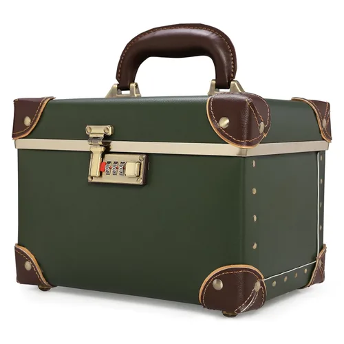 Vista 9 de urecity Estuche de maquillaje vintage de piel artificial, organizador profesional de cosméticos con cerradura de combinación de metal, caja
