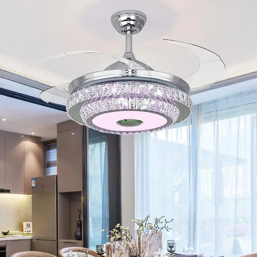 Vista 2 de Fandian Ventilador de techo de cristal moderno de 42 pulgadas con luces de control remoto, lámpara retráctil inteligente, lámpara Bluetooth