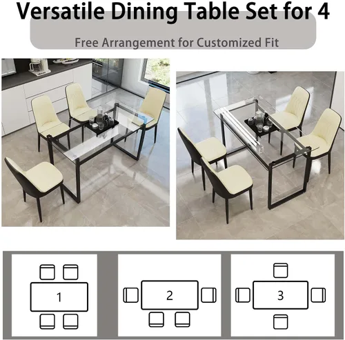 Vista 5 de Juego de mesa de comedor de cristal moderno para 4, juego de mesa de cocina rectangular, juego de mesa de comedor de 5 piezas con 1 mesa de vidrio