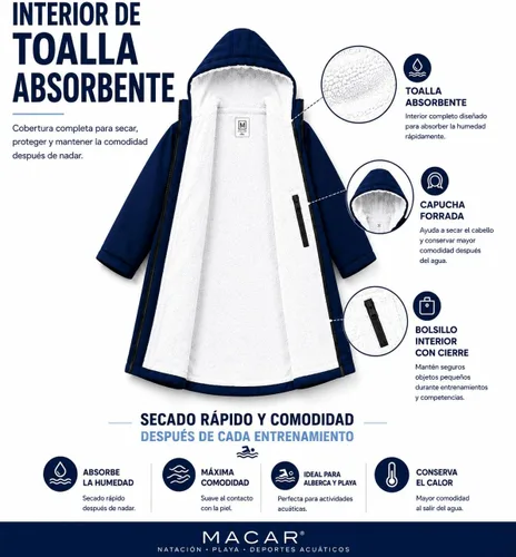 Vista 4 de MACAR Parka de natación impermeable con forro de toalla, ideal para actividades junto a la piscina y al aire libre