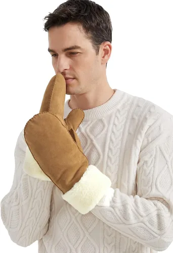 Vista 3 de Surblue Manoplas de gamuza de oveja de invierno para hombre, piel de oveja de alta calidad, cálido puño grueso forrado de lana de cordero