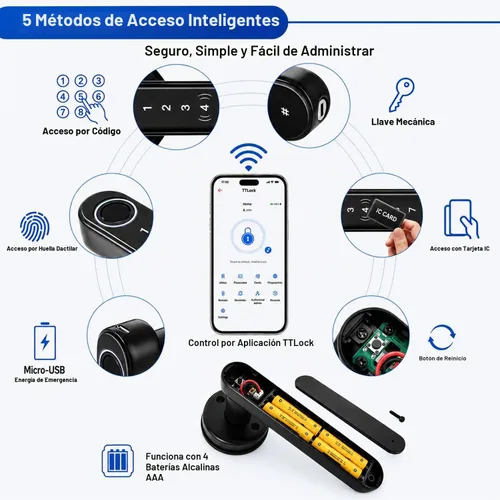 Vista 2 de CATCHFACE cerradura inteligente para puerta, cierre y apertura con huella dactilar/app TTlock/código/llave, con wifi, manija biométrica para puerta