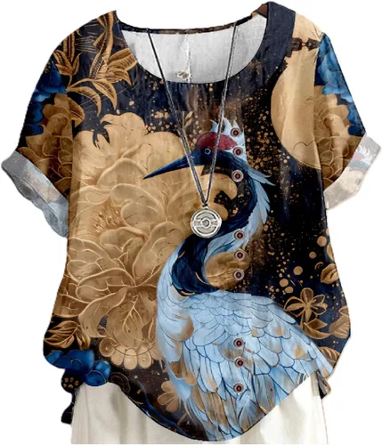 Vista 7 de domirica Flower Bird Printed Loose Boho Shirts Women Plus Size Summer Crew Neck Short Sleeve Blouses Colorido