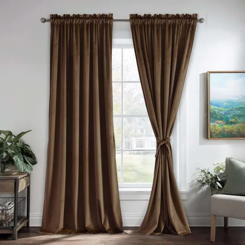 Vista 48 de JIUZHEN Cortinas de terciopelo beige de 63 pulgadas de ancho x 63 pulgadas de largo, cortinas de terciopelo retro suaves con bolsillo para barra