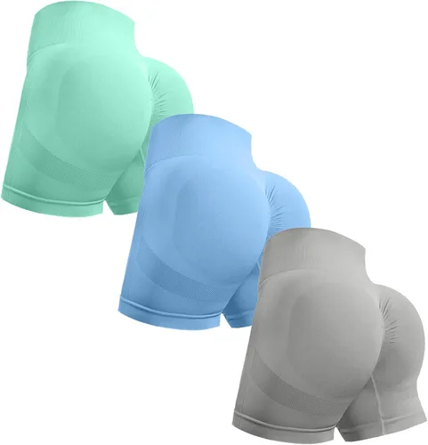 Vista 7 de Ovesport 3 piezas de pantalones cortos de entrenamiento para mujer, sin costuras, con levantamiento de glúteos, cintura alta, para yoga, gimnasio