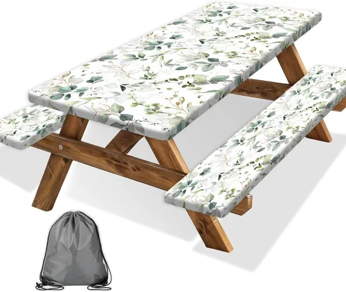 Vista 47 de Funda para Mesa de Picnic con Fundas para Bancos y Bolsa, Campista de Madera Impermeable Resistente al Viento, Cubierta de Mantel Ajustada con Borde