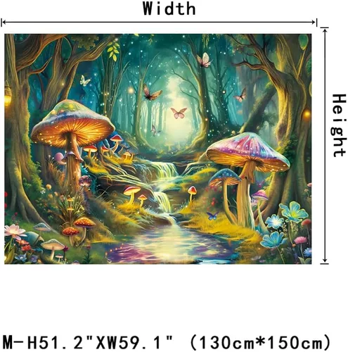 Vista 7 de Tapiz de Hongos con Luz Negra Reactivo a UV, Tapiz de Paisaje de Bosque Brumoso, Fantasía de Hadas en País de las Maravillas con Mariposas
