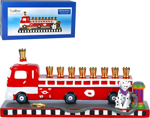 Vista 8 de Menorá coleccionable de camión de bomberos 3D con perro de fuego dálmata esculpido e hidrent Hanukkiah se adapta a velas estándar de Hanukkah
