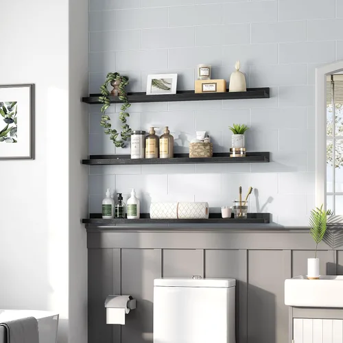 Vista 2 de HOOBRO - Estantes flotantes, juego de 3, estante colgante de 35.4 pulgadas con borde elevado y soportes invisibles, para baño, dormitorio, cocina