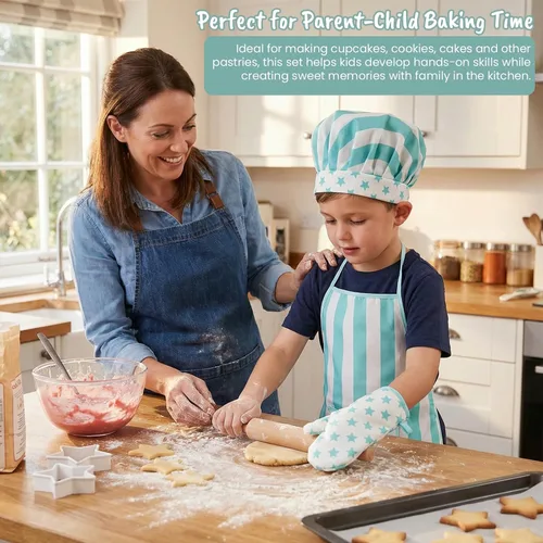 Vista 5 de Juego de delantal y gorro de chef para niños, 3 piezas, kits de cocina y horneado para niños, juguete de juego de roles para niños, regalo de cocina