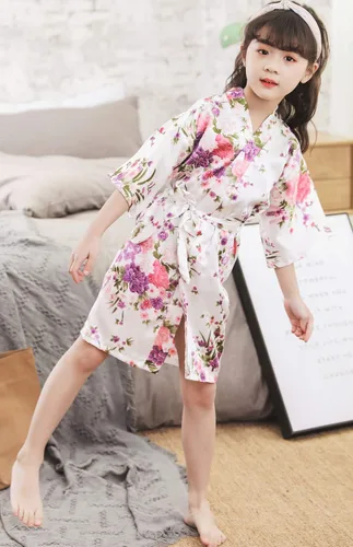 Vista 2 de Cherry Blossoms - Bata tipo kimono floral de seda para fiesta nupcial para niñas
