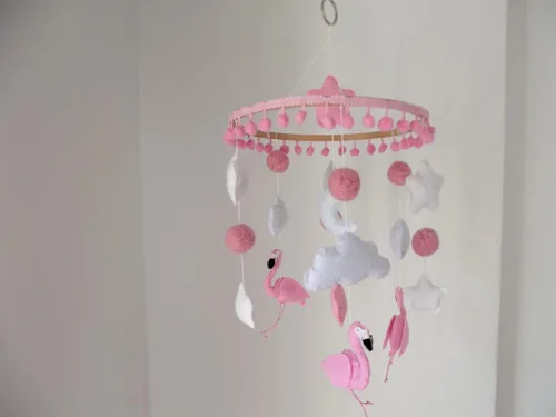 Vista 2 de Móvil de cuna de flamenco para guardería, móvil de flamenco rosa, luna estrellas flamenco, cuna móvil de pájaros tropicales, móvil de dormitorio