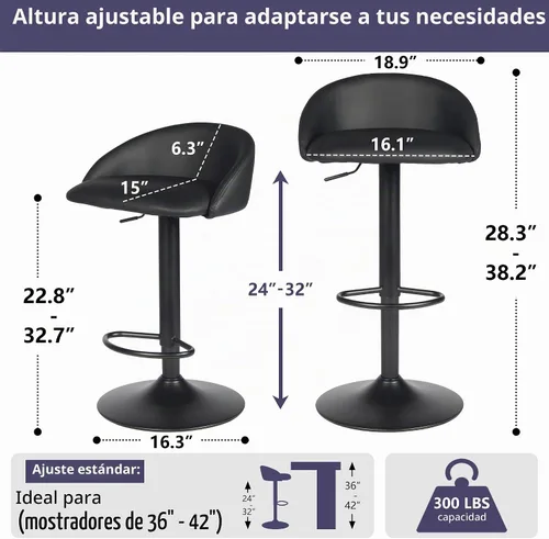 Vista 2 de YOUNIKE Bar Stools Set of 2 Kitchen Bar Chair Counter Height Barstool Black