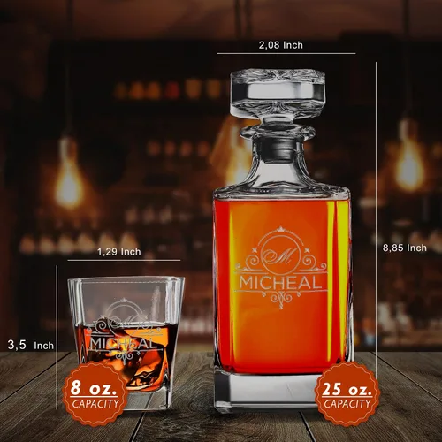 Vista 4 de Juego de decantador de whisky personalizado con 4 vasos, monograma grabado personalizado, nombre inicial, 25.4 fl oz, juego de regalo para hombres