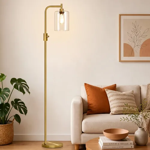Vista 25 de 【Actualizada】Lámpara de pie regulable para sala de estar con pantalla de vidrio, lámpara de pie industrial moderna negra con bombilla LED de 900LM