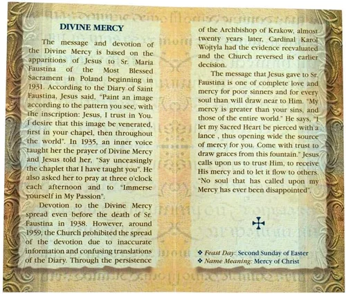 Vista 2 de William J. Hirten Tarjeta Santa Católica Deluxe con Oraciones Tradicionales (Misericordia Divina)