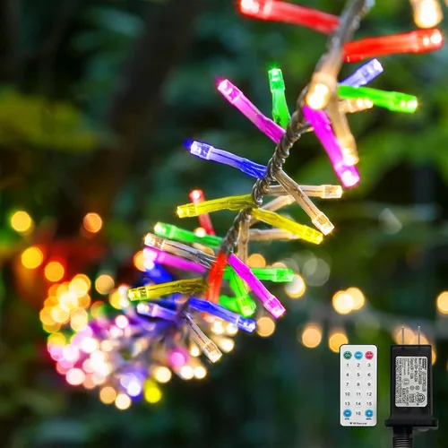 Vista 26 de LAMPHOME Luces de Navidad multicolor que funcionan con pilas, 34.1 pies, 100 luces LED impermeables de cadena para árbol de Navidad con 8 modos
