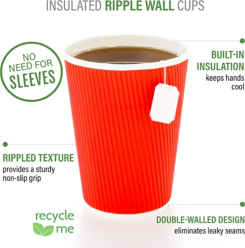 Vista 4 de Tazas para café de papel aislado, pared ondulada, kraft, 12 onzas - Caja de 25 unidades - tapas a juego: RWA0360B, RWA0360W, RWA0328LG, RWA0328GR